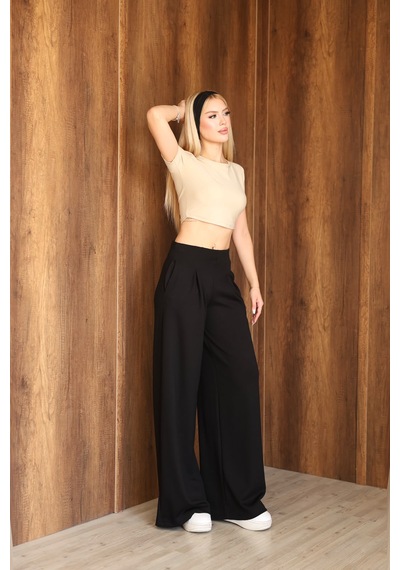 Ozy Fashion Kadın Modal Kumaş Yüksek Bel Pileli Geniş Paça Cepli Eşofman Altı Siyah