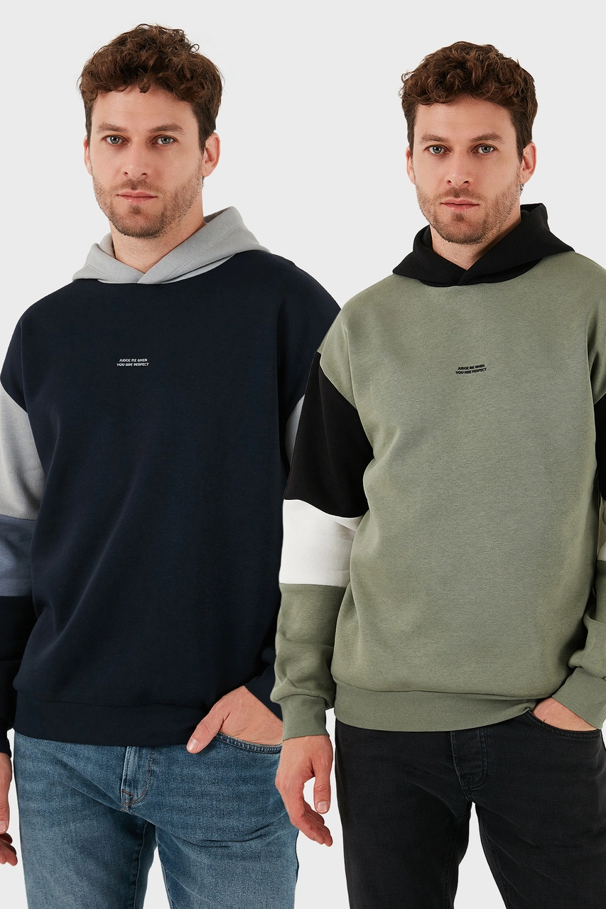Buratti Pamuklu Relaxed Fit Kapüşonlu Içi Tüylü Yumuşak Şardonlu 2' Li Paket Erkek Sweat 5905299S2 Haki-Koyu Lacivert