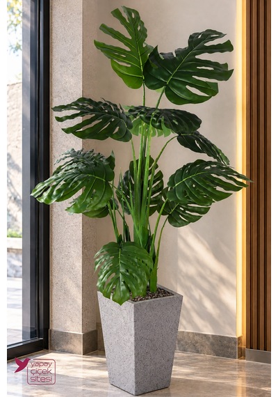 Yapay Çiçek Sitesi Ahşap Benekli Saksıda Yapay 13 Yapraklı Monstera Deve Tabanı Ağacı 200 Cm Yeşil