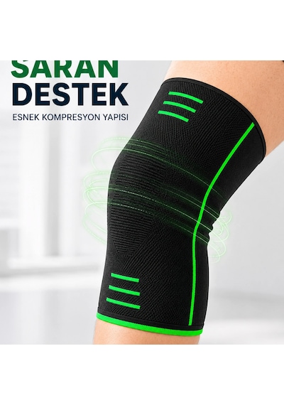Siyah Yeşil Diz Desteği Esnek Örme Kumaşlı Spor Dizlik