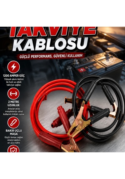 1200 Amper 2 Metre Akü Takviye Kablosu Bakır Uçlu Maşalı