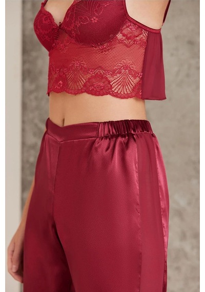 Pierre Cardin 7025 Kadın Bordo 4'lü Saten Takım Gelin Set Bordo