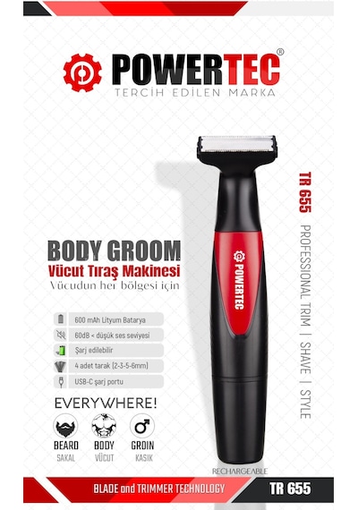 Powertec TR-655 Vücut Tıraş Makinesi (Body Groom) Çift Bıçak - Sıfıra Yakın Kesim