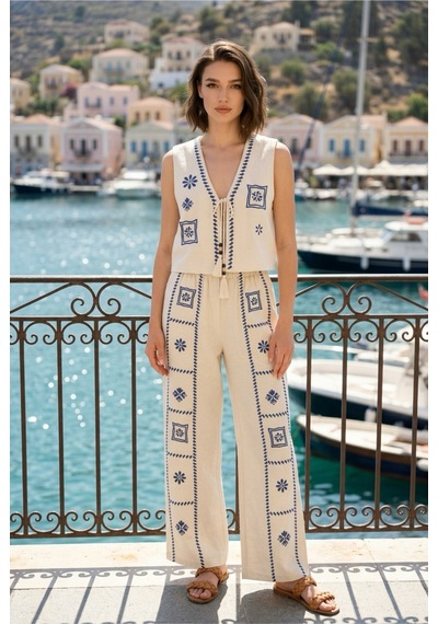 Nibu Boutique Nakış Detaylı Alt Üst Takım Ekru