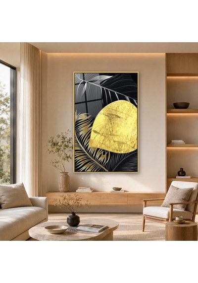 Altın Yapraklar Ve Altın Daire Gold Çerçeveli Cam Tablo