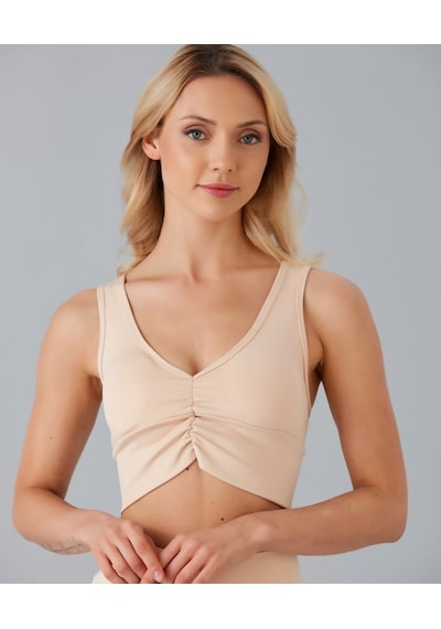 Aurafit Kadın Önü Büzgülü Arkası Çapraz Kaplı Croptop/büstiyer Bej
