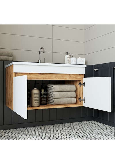 Roomart '' Lavabolu '' Atlantik-beyaz Mdf 85cm Banyo Alt Dolabı Atlantik Çam - Beyaz