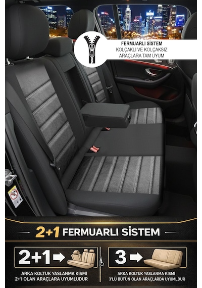 Alcantara Serisi Lüks Üniversal Oto Koltuk Kılıfı - 5 Kotuk Tam Set Füme