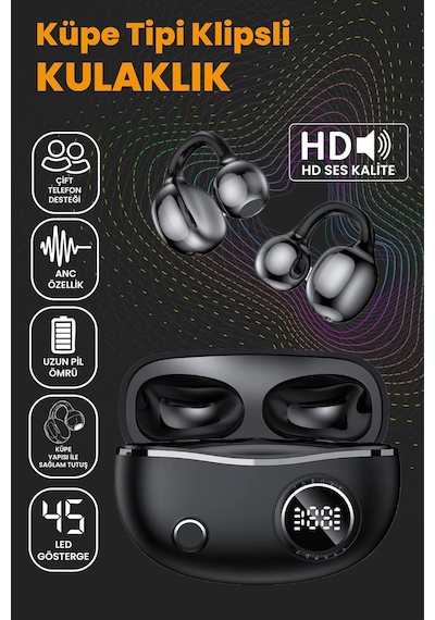 Klipsli Bluetooth Kulaklık Kablosuz Anc Enc Çift Mic. Led Gösterge Küpe Kulaklık - Siyah
