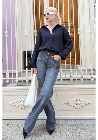 Madmext Lacivert Muslin Kumaş Basic Kadın Gömlek Mg1660 Lacivert