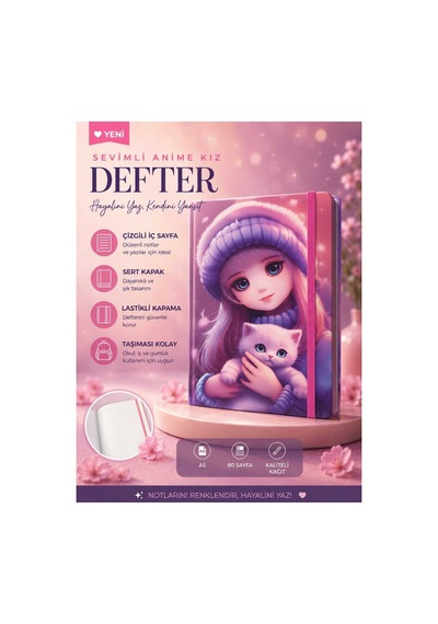 Sevimli Anime Kedili Kız Tasarımlı Sert Kapak Defter A5 Çizgili 80 Sayfa Lastikli Pembe Pembe