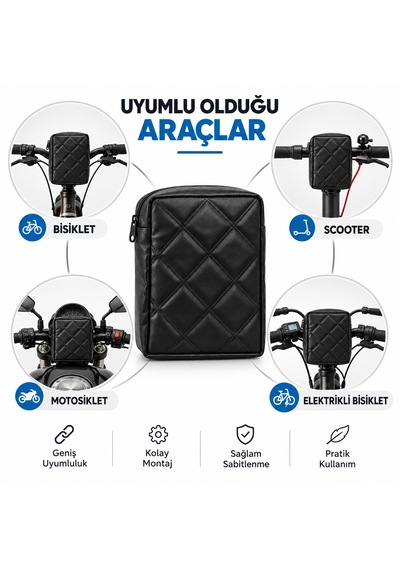 Microcase Kapitone Kumaş Gidon Bağlantılı Scooter Bisiklet Motosiklet Çantası 23x19 Cm Al5690 Siyah
