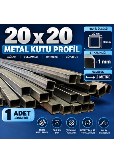 20x20 Kutu Profil 2 Metre 1 Mm Et Kalınlığı Kare Çelik Metal Profil Demir