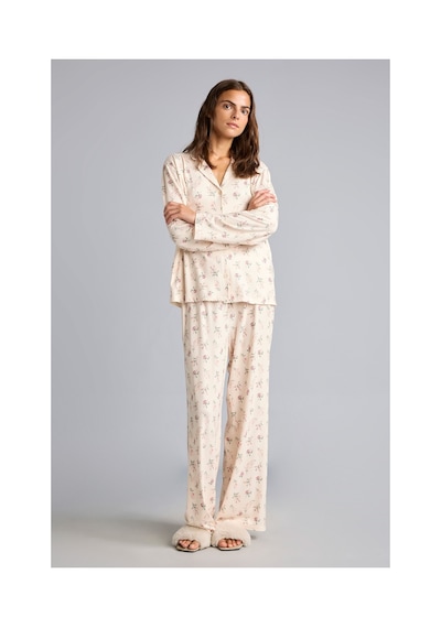 Defacto Regular Fit Çiçekli Uzun Kollu Üst Geniş Kesim Alt 2li Pijama Takım I5522ax26aubg824 Bej-bg824
