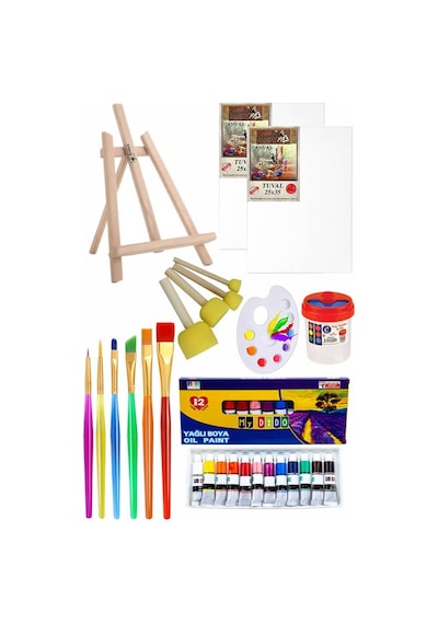 Mini Şövale 25x35 2 Li Tuval Mydido 12 Renk Yağlı Boya Başlangıç Seti Fırça Palet Ponpon Su Kabı Masaüstü Sanatsal