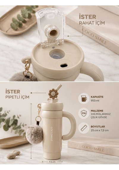 Cocosmile Cs-8826 Krem 950 Ml Çift İçim Paslanmaz Çelik Termos Mug