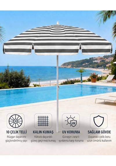 Plaj Şemsiyesi Balkon Bahçe Güneş Şemsiyesi 200cm 10 Telli Uv Korumalı Gri