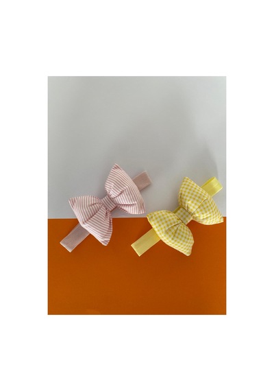 Pamuk Kız Bebek Fiyonk Bandana 2'li Set Pembe Çizgili - Sarı Kare Pembe Çizgili - Sarı Kare
