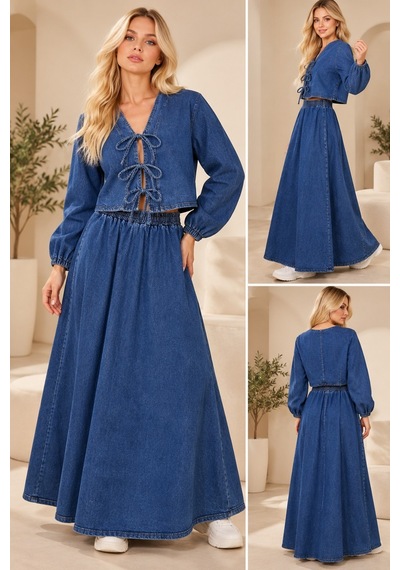 Bul-al Kadın Bağlama Detaylı Denim Crop Ve Uzun Etek İkili Takım Lacivert
