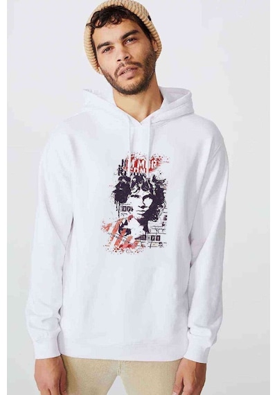 Jım Morrıson Club 27 Baskılı Beyaz Erkek Örme Kapşonlu Sweat