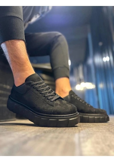 Mevese Ares Bağcıklı Süet Erkek Günlük Sneaker Yüksek Taban Ayakkabı - Siyah