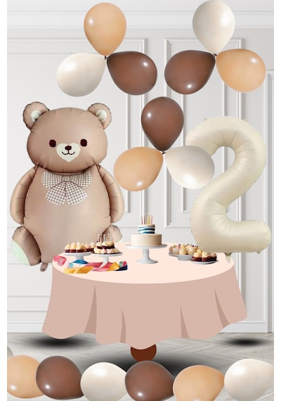 2 Yaş Retro Folyo Karamel Ayıcık Kahverengi Ten Kum Beji Balon Krem Rakam Doğum Günü Süsleme Kahverengi