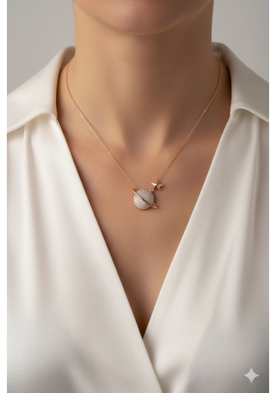 Çekirdekjewelry 925 Ayar Gümüş Rose Kaplama Gezegen Kolye Pembe