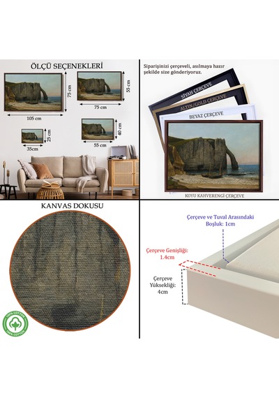 Çerçeveli Gustave Courbet - Etretat Kayalıkları Tablosu-7073
