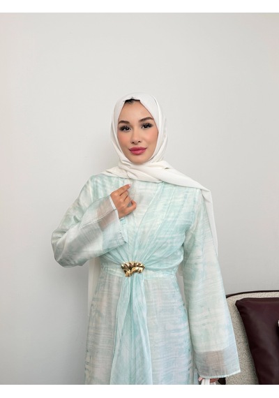 Mihran Butik Silk Model Kemerli Bilek Büzgü Desen Detaylı Kadın Elbise Mint