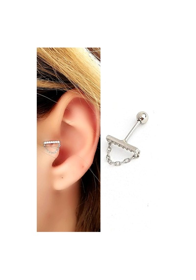 Zirkon Taşlı Zincir Detaylı 925ayar Gümüş Üzerine Altın Kaplama Tragus Ve Kıkırdak Piercing Gümüş