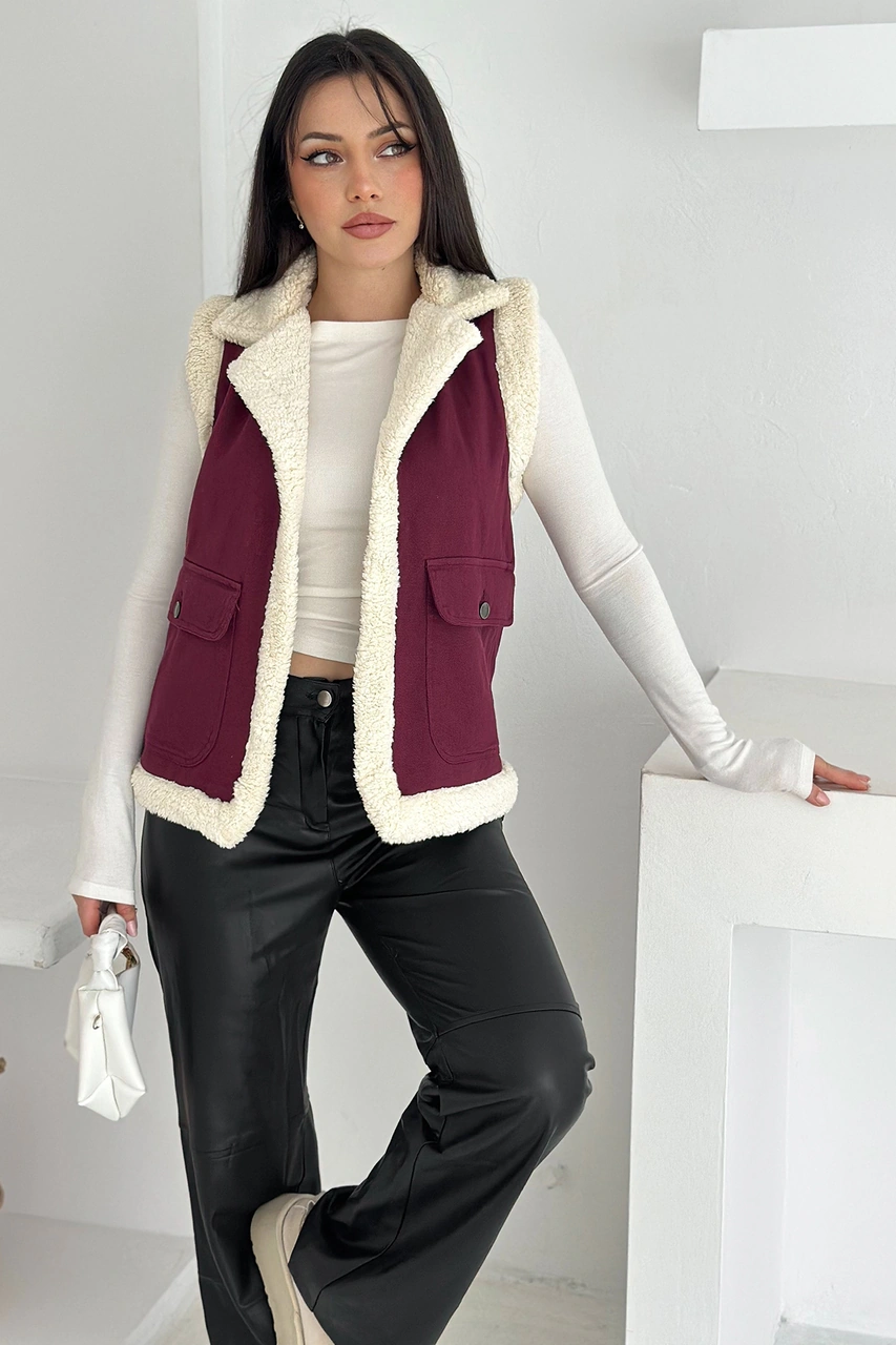 Noa & Noa Kadın Peluş Kenarlı Cepli Yelek Kontrastlı & Kışlık Stil Bordo