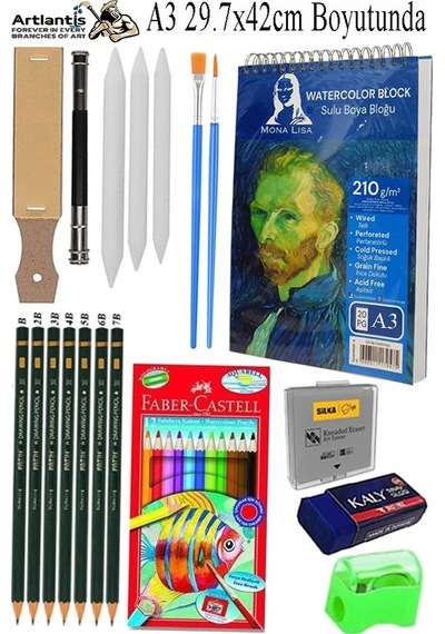 Telli Suluboya Bloğu Kağıdı A3 210gr 20 Yaprak İnce Dokulu Gölgelendirme Zımpara Aquarell Kuruboya Dereceli Kalem Uzatma