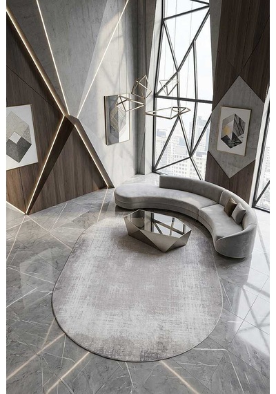 Geometrik Abstract Desenli Prato İpeksi Lüks Viskon Oval Halı Pr06 Gri Gri-bej