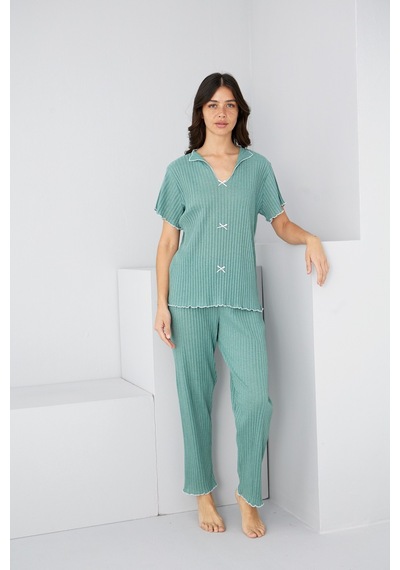 Siyah İnci Mevsimlik İnce Fiyonklu Pijama Takım7879 Mint Yeşili