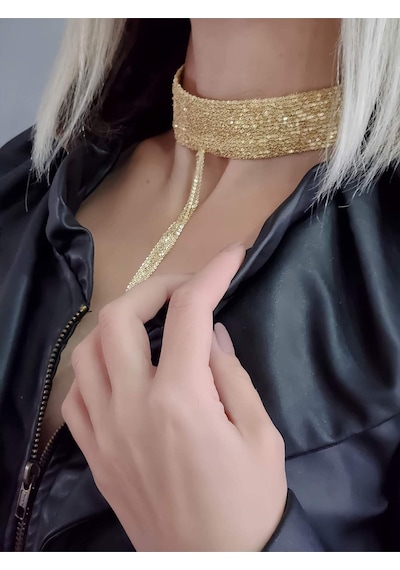 Eva Takı Store 15 Sıralı Zincir Dokuma Sallantılı Vücut Tasma Choker Gold El Yapımı Kolye Gold