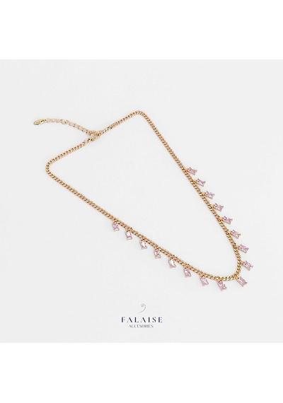 Pembe Baget Taşlı Zincir Kolye 45cm Altın - Pembe