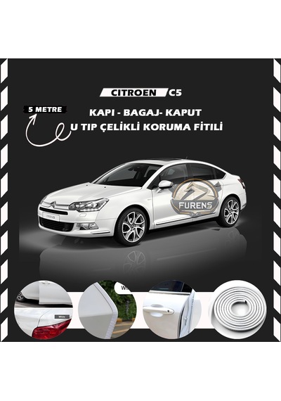 Citroen C5 Oto Araç Kapı Koruma Fitili 5metre Parlak Beyaz Renk