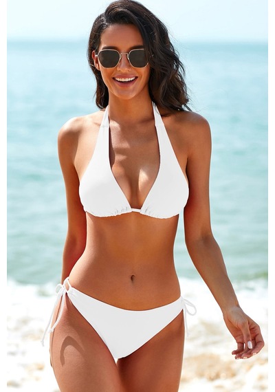 Moda Dua Kadın Beyaz Belden, Boyundan Bağlamalı Ve Ayarlanabilir Külotlu Üçgen Bikini Mayo Takımı
