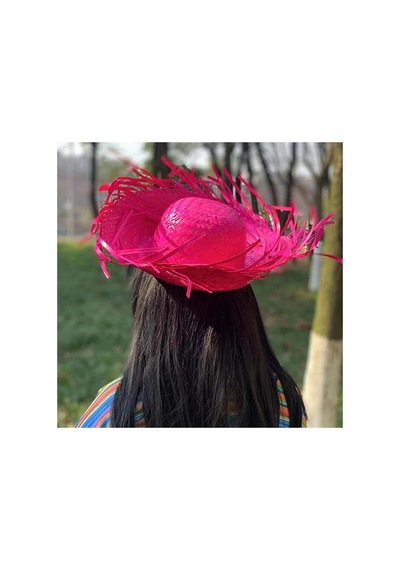 Tropikal Parti Pembe Fuşya Hasır Hawaii Şapkası 13x36 Cm Diğer