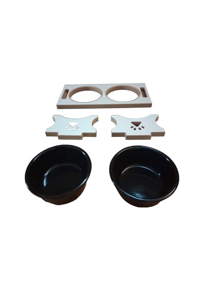 Ahşap Kedi & Köpek Su Ve Mama Kabı Standı - Beyaz Mdf - 2'li Model - Siyah Seramik Kase - 2 400ml