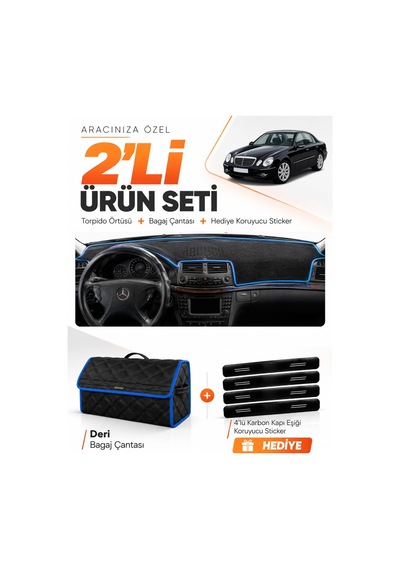 Mercedes W211 E-class 2002-2009 Uyumlu Torpido Örtüsü + Deri Bagaj Çantası + Sticker - Siyah Mavi