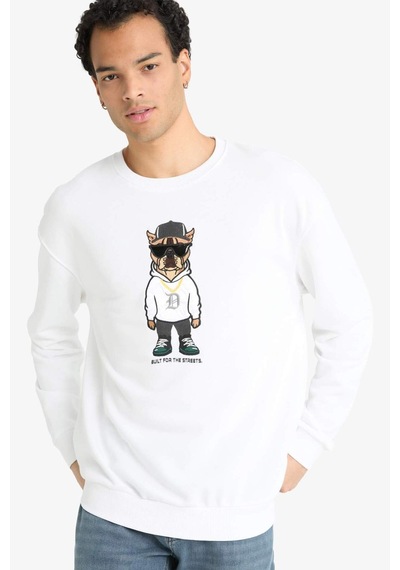Defacto Boxy Fit Bisiklet Yaka Baskılı Sweatshirt E9331ax25auwt34 Beyaz