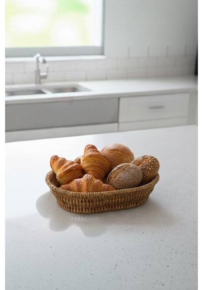 Rattan Piknik Hasır Ekmek Sepeti Meyve Sebze Sepeti Plastik Örme Küçük Ahşap