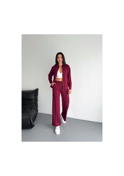 Winmoda34 Kadın Modal Kumaş Kolej Yaka Fermuarlı Cepli Bol Paça Takım Bordo