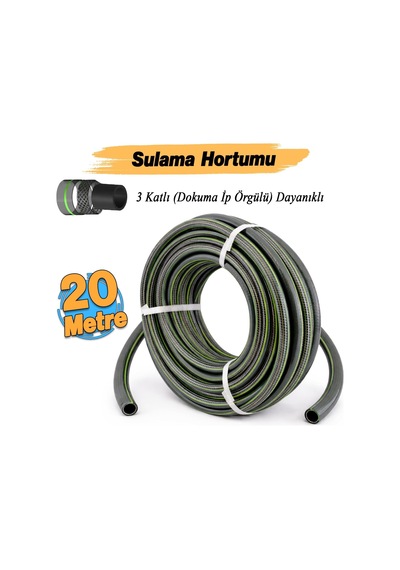 Tr Dokuma İpli Bahçe Hortumu 20 Metre Dayanıklı 3 Katlı Sağlam Çeşme Su Sulama Yıkama Hortum 1/2 İnç