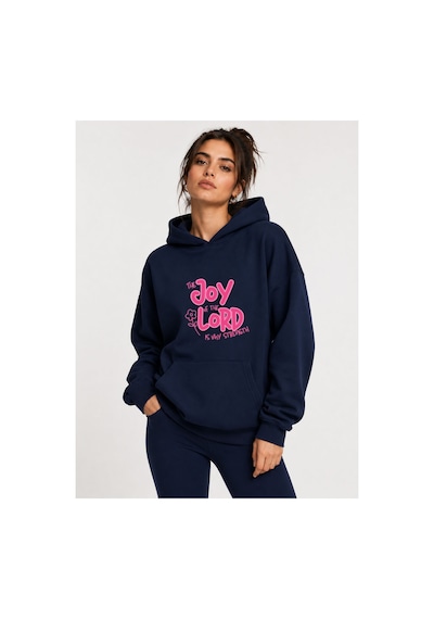 Herkesemoda Joy Lord Baskılı Kapüşonlu 2 İplik Şardonlu Sweatshirt Lacivert