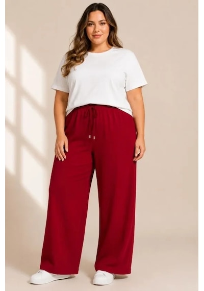 DefyModa Battal Beden Bürümcük Kumaş Beli Lastikli Bağcıklı Bol Paça Palazzo Pantolon - Bordo DefyModa Battal Beden Bürümcük Kumaş Beli Lastikli Bağcıklı Bol Paça Palazzo Pantolon - Bordo