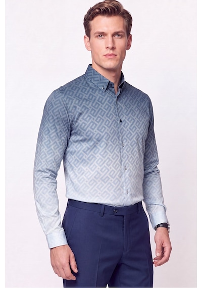 Slim Fit Düğme Yaka Desenli Mavi Gömlek G 1611