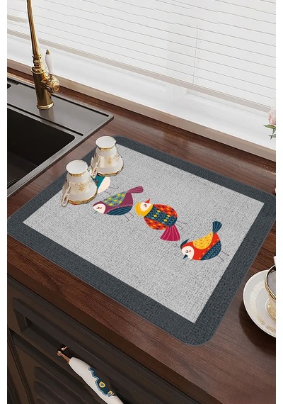 Gri Papağanlı Microfiber Bulaşık Kurutma Kurulama Matı Mm022
