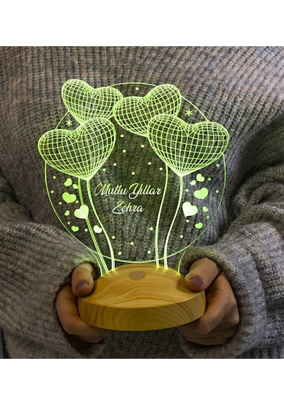 Yılbaşı Hediyesi, Sevgiliye, Arkadaşa Kişiye Özel Yeni Yıl Hediyesi, İsimli Balon Kalpler Kişiye Özel 3D Led Lamba, Yılbaşı Lambası